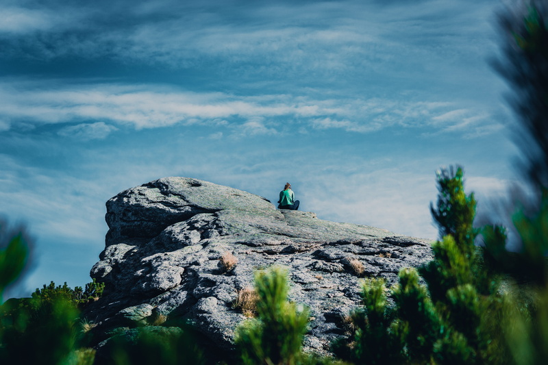 tranquility, promontory, fir, leisure activities, real people, cloudy, solid, pine, outdoors, tree, person, cliff, carpathian mountains, abies, adventure