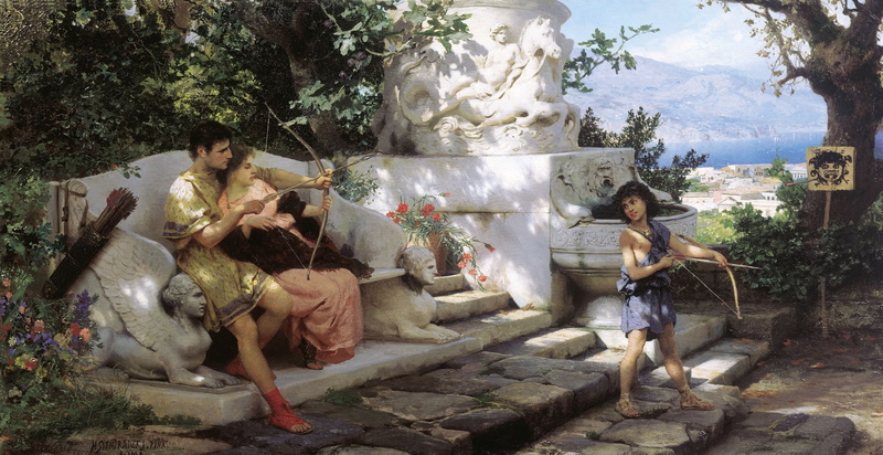 bench, boy, Canvas, arrows, oil, target, bow, a man and a woman, training, Dangerous lesson, 1080P, Henri semiradzki