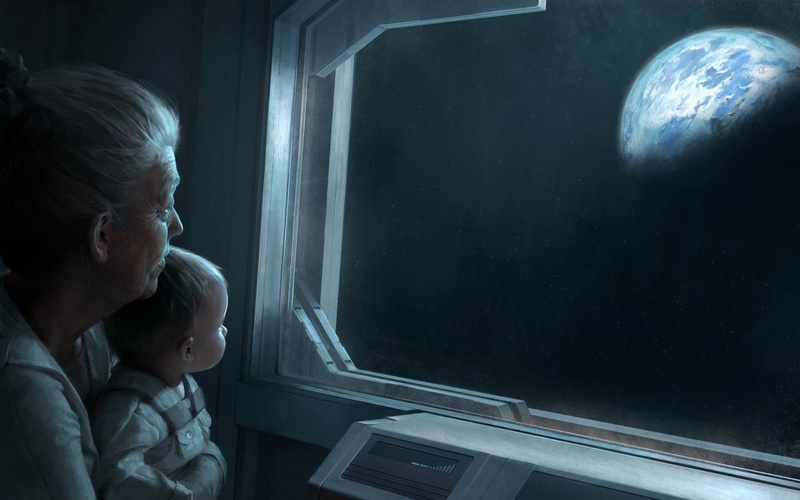 science, outer, Dark, window, spaceships, baby, artwork, Earth, children, Grandmother, planets, fiction, Futuristic, drawings, Panes, 2K, space
