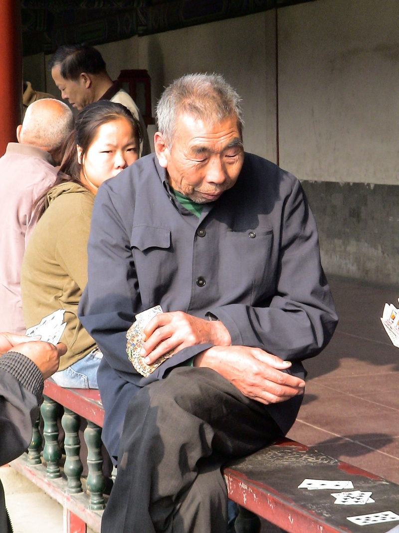 women, china, real people, sitting, grandparent, Person, grandchild, males, females, front view, man, grandfather, men, card game, group of people, senior adult