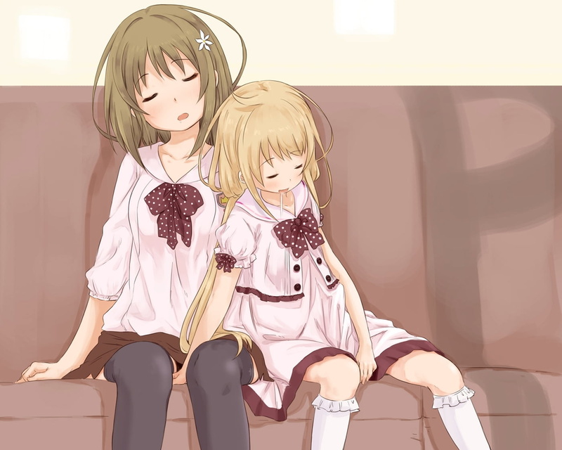 abe kanari, futaba anzu, boys, fatigue, computer Graphic, cute, sofa, female, women, beautiful, image, illustration, human Face, blond hair, front view