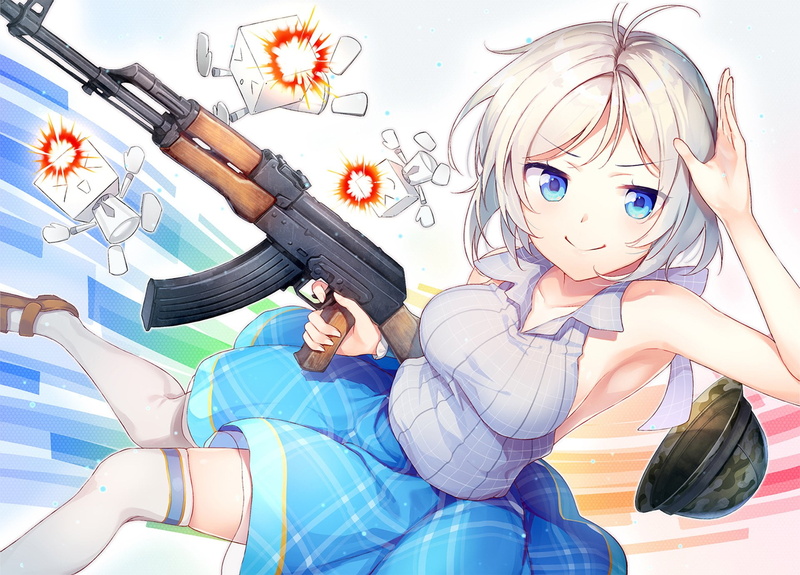 innocence, Weapon, Gun, Smile, togetherness, AK-47, girls, females, family, leisure activity, high angle view, Blue Eyes, Thigh Highs, real people, art and craft