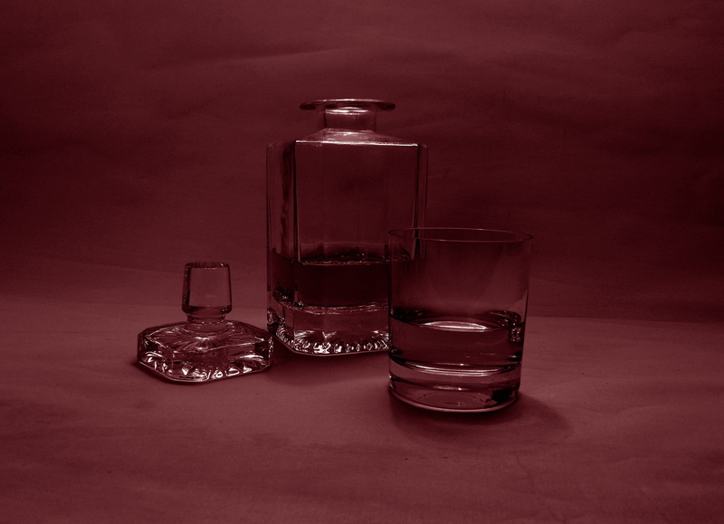 whiskey, 2K, no people, household equipment, transparent, table, drinking glass, studio shot, four objects, colored background, group of objects, bottle